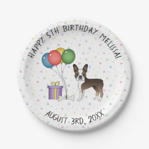 Geburtstag - Brindle Boston Terrier Süßer Cartoon- Pappteller