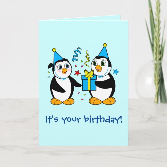 Geburtstag Cartoon Pinguine mit Geschenk Karte (Vorderseite)