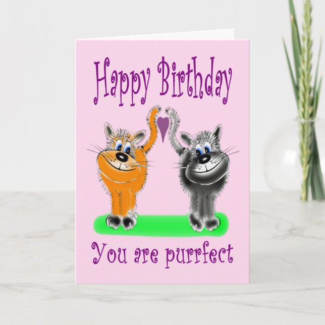 Geburtstag Cartoon Style Fluffy Cat Couple Karte (Vorderseite)