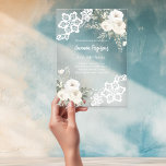Geburtstag der Blütenblume Acryleinladungen<br><div class="desc">Für eine elegante Meilenstein Geburtstagsfeier (jedes Alter). Ein durchsichtiger,  heller Hintergrund mit weißen Blumen,  Rose und Spitzen. Personalisieren Sie Ihren Namen und Ihre Party-Daten und fügen Sie diese hinzu.</div>