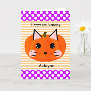Geburtstag der Lila Orange Pumpkin-Katze Karte