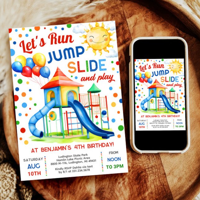Geburtstag des Spielplatzes - Jump Slide Play Einladung (Celebrate with our digital Park Slide invitation—perfect for a boy's outdoor playground birthday.)