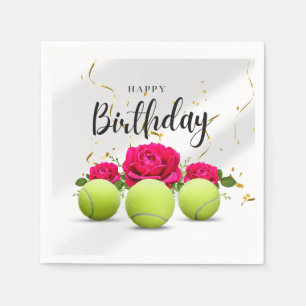 Geburtstag des Tennisballs mit Blume für den Spiel Serviette