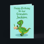 Geburtstag Dinosaurier Grandson Faltkarte Karte<br><div class="desc">Eine niedliche Karte, die Sie personalisieren können, indem Sie ein Stück Birthday Cake und Candle zeigen und einen niedlichen Dinosaurier mit einem Stück Kuchen. Personalisieren Sie den Text, den Namen und die Meldung, die sich in der Vorlage befindet, oder entfernen Sie sie, indem Sie die Eingabeaufforderung "Personalisieren Sie diese Vorlage"...</div>