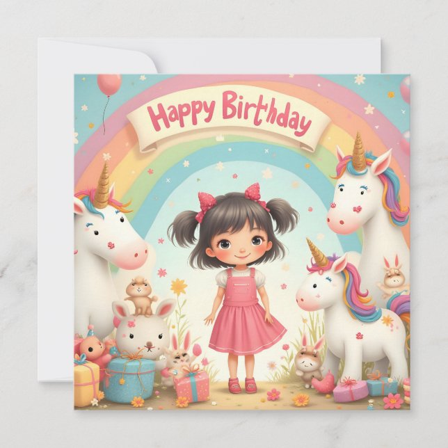 Geburtstag eines Mädchens mit Unicorns & Rainbow (Vorderseite)