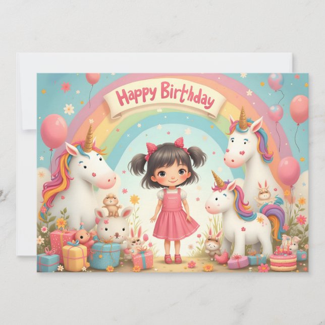 Geburtstag eines Mädchens mit Unicorns & Rainbow (Vorderseite)