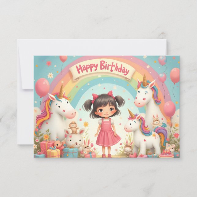 Geburtstag eines Mädchens mit Unicorns & Rainbow (Vorderseite)