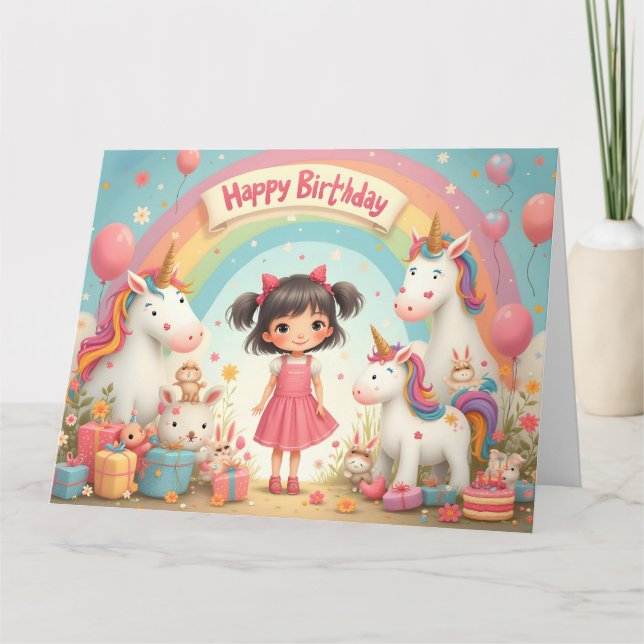 Geburtstag eines Mädchens mit Unicorns & Rainbow Karte (Vorderseite)