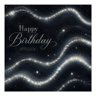 Geburtstag Elegant Schwarz Silber Diamant Wellen Poster