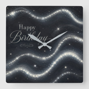 Geburtstag Elegant Schwarz Silber Diamant Wellen Quadratische Wanduhr