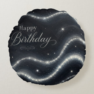 Geburtstag Elegant Schwarz Silber Diamant Wellen Rundes Kissen