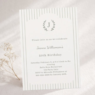 Geburtstag Elfenbein Sage Neutral Pinstrip Monogra Einladung