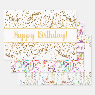 Geburtstag farbenfrohe Confetti Streamer Gold Cust Geschenkpapier Set