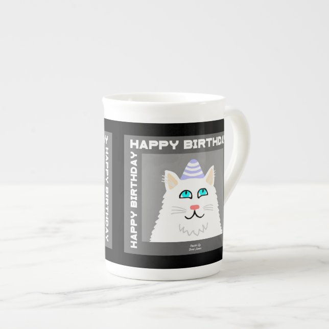 Geburtstag Fluffy White Cat Knochen China Tasse (Vorderseite Rechts)