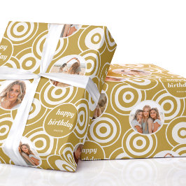 Geburtstag Foto Collage Retro Circles Mustard Geschenkpapier