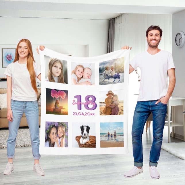 Geburtstag Foto Collage weiß lila Name Fleecedecke (Von Creator hochgeladen)