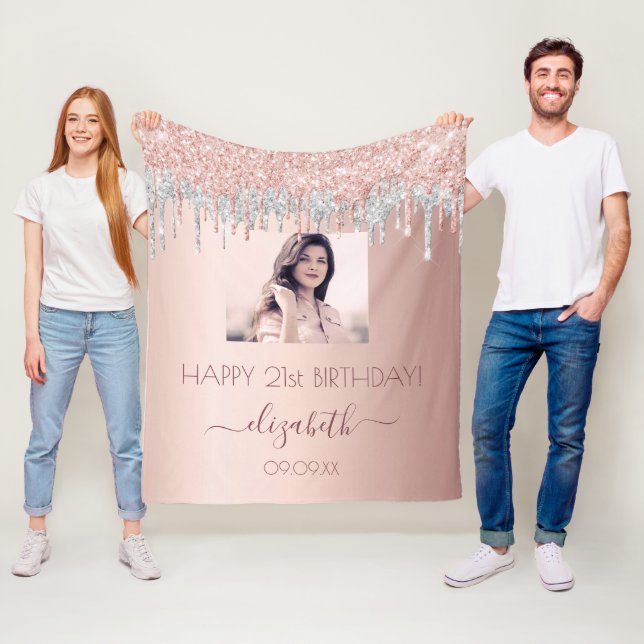 Geburtstag Foto Rose Gold Glitzer Rosa Silberglasu Fleecedecke (Beispiel)