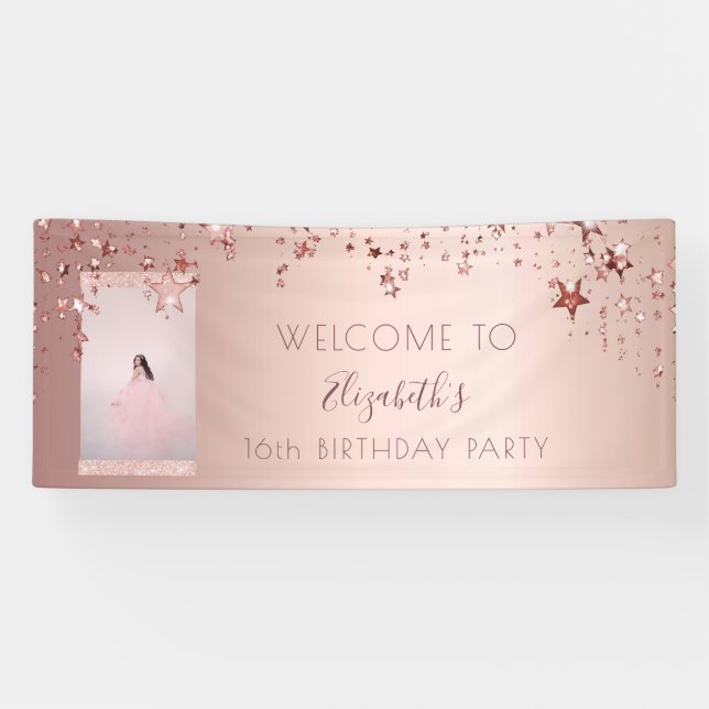 Geburtstag Foto Rose Gold Glitzer Sterne willkomme Banner (Horizontal)