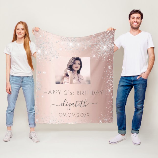 Geburtstag Foto Rose Gold Silberstaub Name Glitzer Fleecedecke (Beispiel)