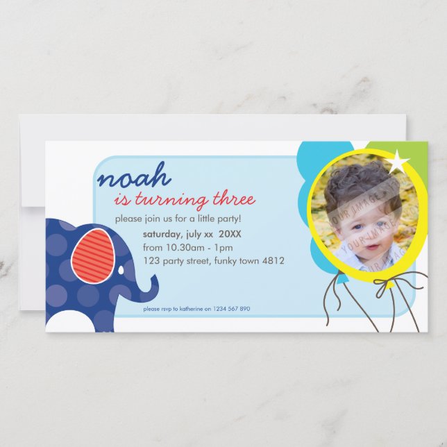 GEBURTSTAG FOTOKARTE: Elefant + Ballone 3 (Vorderseite)