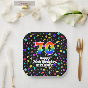 Geburtstag: Fun Stars Muster und Regenbogen "70" Pappteller