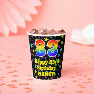 Geburtstag: Fun Stars Muster und Regenbogen 83 Pappbecher