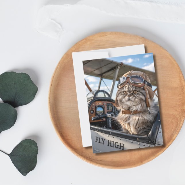 Geburtstag Funny Cat Pilot & Flugzeug Luftfahrthel Postkarte (Front )