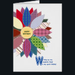 Geburtstag für Freund, geheftete Blume<br><div class="desc">Geburtstagskarte für einen Freund. Eine wunderbare Geburtstagskarte für einen Freund, der gerne näht. Schick dir Geburtstagsgrüße mit dieser schönen gesteppten Blume. Jedes Blatt ist ein anderes Muster mit weißer Naht. Dein Quilting-Freund wird diese Geburtstagskarte Liebe. Ein schöner Vers im Inneren vervollständigt diese Geburtstagskarte, um Ihrem Freund "Happy Birday" zu sagen....</div>