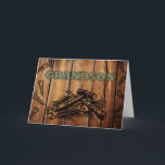 Geburtstag für Grandson, Tools und Holz Karte<br><div class="desc">Geburtstagskarte für einen besonderen Enkel. Die Karte verfügt über ein holzverbranntes Imitat von Werkzeugen und Schrauben auf einem holzaussehenden Hintergrund. Digitales Kunstbild mit Fotografien und digitalen Elementen,  um einen holzverbrannten Look zu schaffen. Buchstaben sehen aus,  als wären sie blau-grün gefärbt.  Kunst,  Bild und Vers © Shoaff Ballanger Studios.</div>