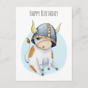 Geburtstag für Jungen Süße Kuh Kalb in Wikingerhel Postkarte