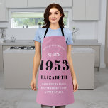 Geburtstag Geboren 1953 Pink Black Lady's Schürze<br><div class="desc">Ein personalisiertes klassisches rosa Schürze Design für diese Geburtstagsfeier für jemanden, der 1953 geboren und 70 Jahre alt wurde. Fügen Sie den Namen zu diesem Vintagen Retro-Stil rosa, weiß und schwarz Design für ein maßgeschneidertes 70 Geburtstagsgeschenk. Bearbeiten Sie den Namen und das Jahr einfach mit der Vorlage. Ein wunderbares Geschenk...</div>