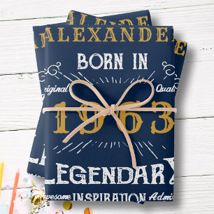 Geburtstag Geboren 1963 Vintag Blue Gold Legend Geschenkpapier Set