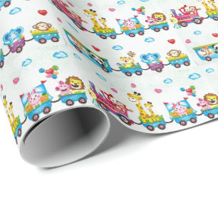 Geburtstag Geschenkpapier - Baby-Tiere im Zug