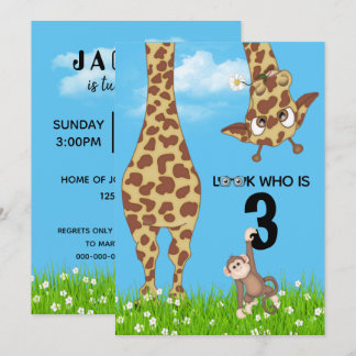 Geburtstag Giraffe und Affe im Gras Einladung