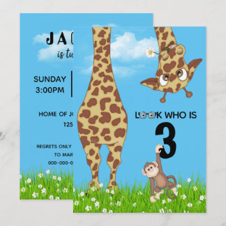 Geburtstag Giraffe und Affe im Gras Einladung
