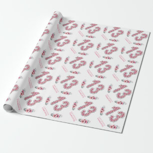 Geburtstag Groß 13. Mädchen Rosa Blumen Grüne Blät Geschenkpapier