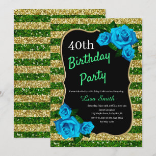 Geburtstag Grün Gold Streifen Glitter Blaue Rosen Einladung