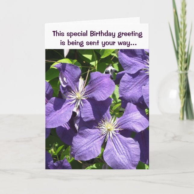Geburtstag Grüße Lila Clematis Karte (Vorderseite)