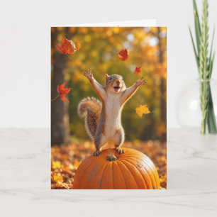 Geburtstag Herbst Eichhörnchen wirft Blätter in di Karte
