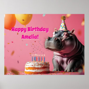 Geburtstag Hippo mit Kuchen und Balloons Poster