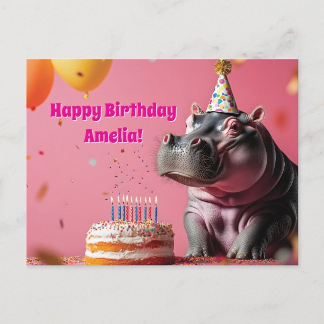 Geburtstag Hippo mit Kuchen und Balloons Postkarte (Vorderseite)