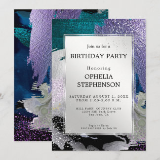Geburtstag | Imitate Metallisches Silver Lilac Aqu Einladung