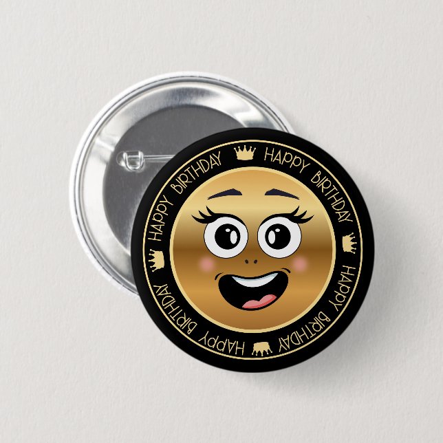 Geburtstag, Lächeln Gesicht goldschwarz niedlich Button (Vorne & Hinten)