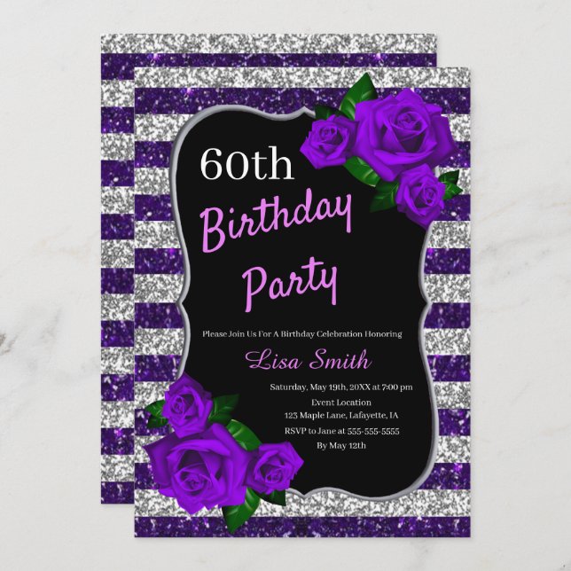 Geburtstag Lila Silberstreifen Glitzer Lila Rose Einladung (Vorne/Hinten)