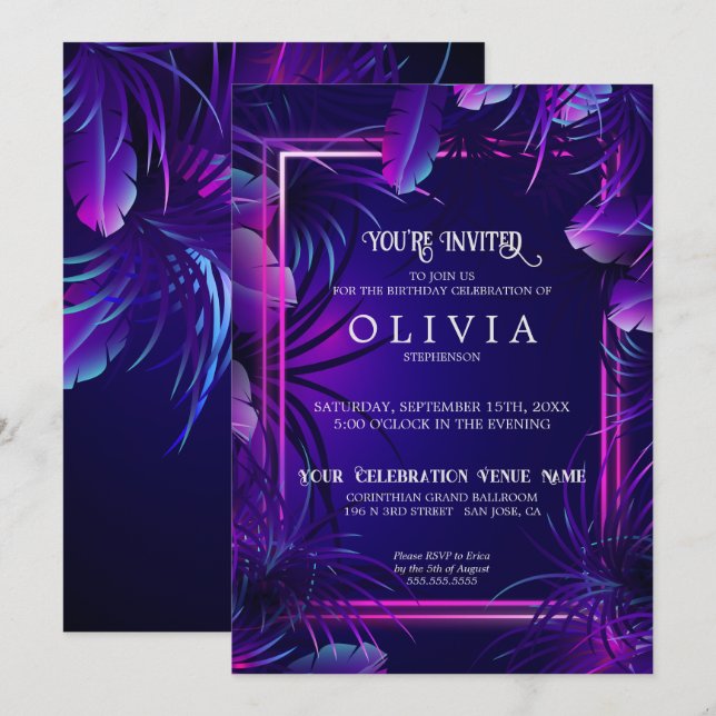 Geburtstag | Lila tropisches Neon Einladung (Vorne/Hinten)