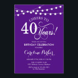 Geburtstag - Lila weiß Einladung<br><div class="desc">40. Geburtstag Einladung. Einfaches lila-weißes Design mit Feenzeichenleuchten und Skript-Schriftart. Bis 40 Jahre! Kann in jedem Alter personalisiert werden! Nachricht,  wenn Sie weitere Anpassungen benötigen.</div>