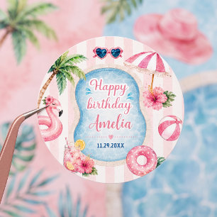 Geburtstag Mädchen Poolparty rosa Streifen Runder Aufkleber