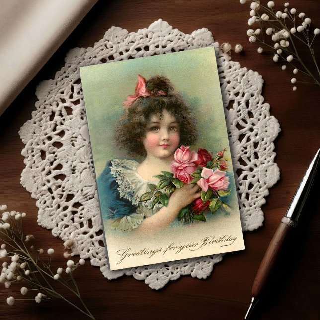 Geburtstag Mädchen Rosa Rosen Vintage 1904 Postkarte (Von Creator hochgeladen)