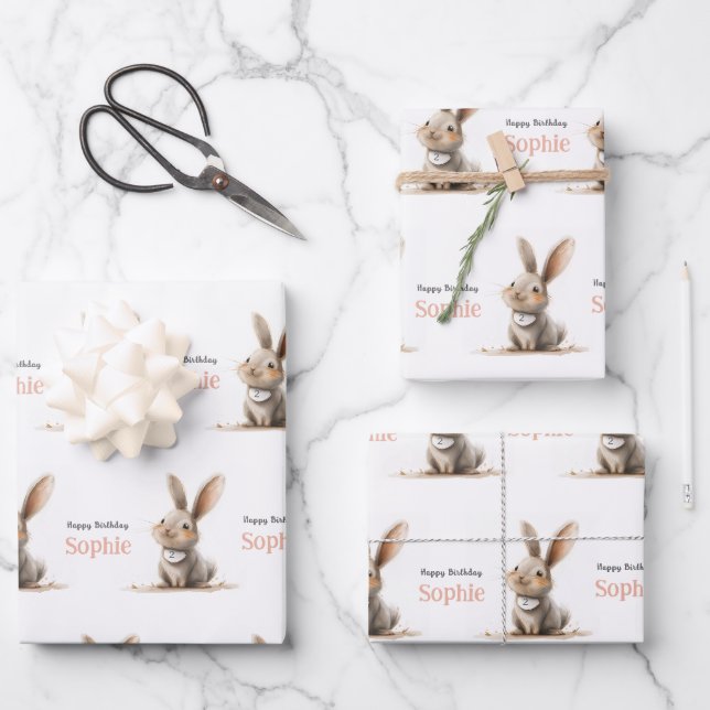 Geburtstag Mädchen Süßer Hase Geschenkpapier Set (Vorderseite)