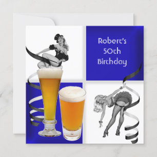 Geburtstag Mann 50 Blau Retro Mädchen Bier Einladung
